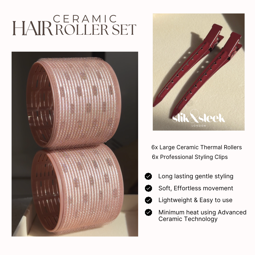 Ceramic hair roller set with red rollers and clips on a beige background, featuring Slik N Sleek branding.