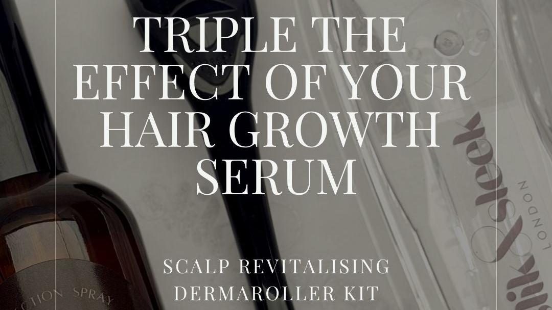 Hair care product with text promoting scalp revitalizing dermaroller kit and hair growth serum.